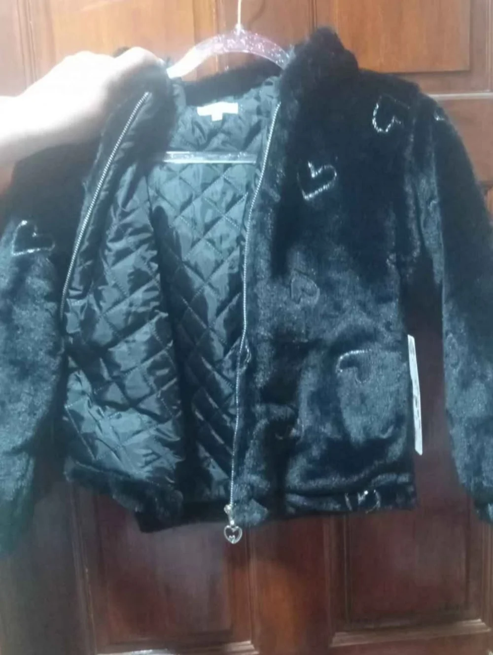 Girls' Black Faux Fur Heart Zip-Up Jacket
